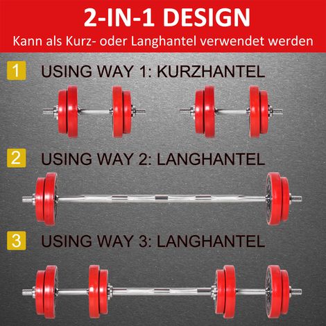 20 kg Hantelset, 2-in-1 verstellbare Hantel und Langhantel, Heimtraining mit Gewichten, Muskelaufbau, Rot/Schwarz, 21,5 x 21,5 x 3,8 cm. (1/5)