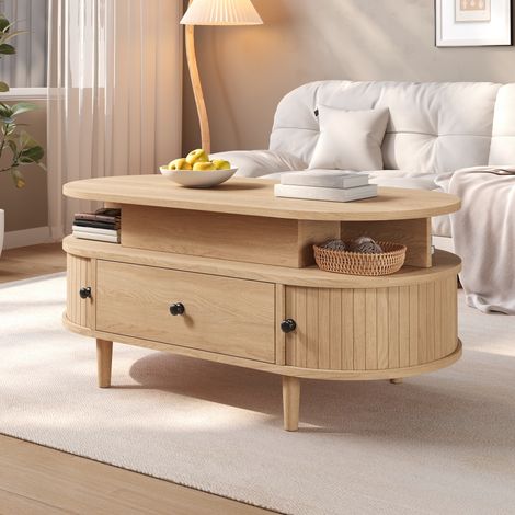 Table basse ovale relevable 105x50x60.5cm, mécanisme hydraulique, rangement caché, 2 niches, 1 grand tiroir, 2 portes coulissantes, MDF naturel (1/5)