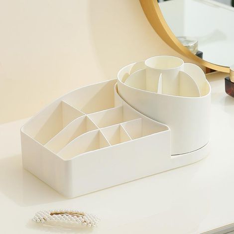 Contenedor giratorio para tocador o escritorio, portalápices con múltiples compartimentos para brochas de maquillaje, sombras de ojos y pintalabios (Contenedor giratorio de almacenamiento color marfil (1/5)