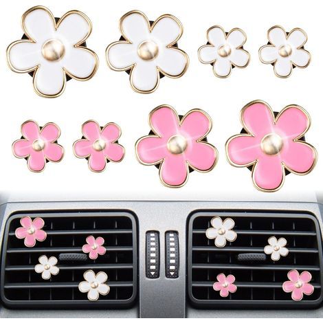8pcs Air Vent Clips, Metal Daisy Design, 4 Fragrance Tablets, Reusable Car Diffuser (1/5)