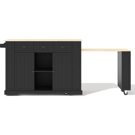 Isla de cocina móvil de MDF negro con mesa escamoteable, enchufes UE y USB, 138 x 55 x 93 cm (1/5)