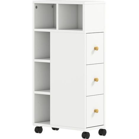Badezimmerschrank mit Rollen, 3 Schubladen, 5 Ablagen, Weiß