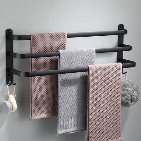 Porte-Serviettes Mural avec 2 Crochets Porte Serviettes Salle de Bain Etagères Serviette en Aluminium pour Salle de Bain et Cuisine Noir 3 Couche 50cm (1/5)