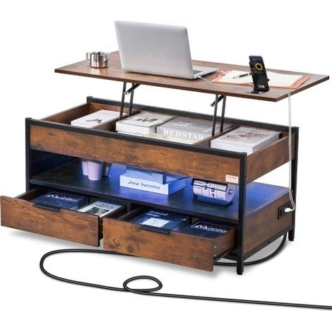 Table basse avec plateau relevable, 1000 mm, table basse de salon rectangulaire avec poche de rangement supplémentaire, table basse escamotable avec multiprise, USB, éclairage d'ambiance, marron (1/4)