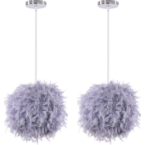 (2PCS) Lampe À Suspension Moderne En Plumes Plafonnier En Plumes Moelleuses, Abat-Jour Plume, Pour Chambre, Salon, Mariage (Gris) (1/5)