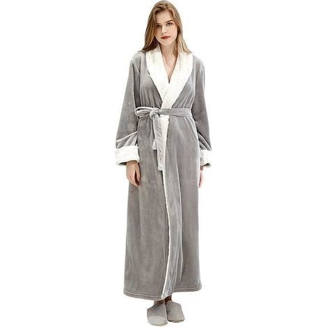 Women's long flannel bathrobe with adjustable belt, for loungewear and nightwear (XL) - gray