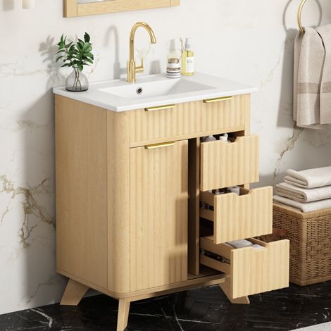 Mobile bagno con lavabo 61 cm, 3 cassetti, porta scorrevole, legno naturale HAVRYA (1/5)