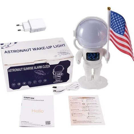 Astronautenwecker für Kinder mit Bluetooth-Lautsprecher, Sonnenaufgangssimulator, 21 Schlafgeräuschen und 22 Umgebungslichtoptionen [Energieklasse F] - Crezuo