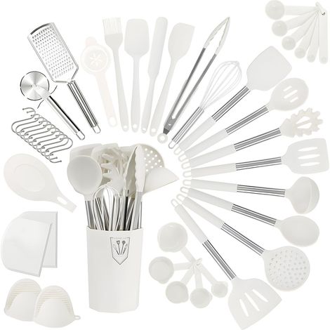 Set d'ustensiles de cuisine en silicone Antiadhésif Gadgets de cuisine avec support Coupe-pizza Fouet en silicone Spatules Set de tasses et cuillères à mesurer Set d'outils de cuisine (1/5)