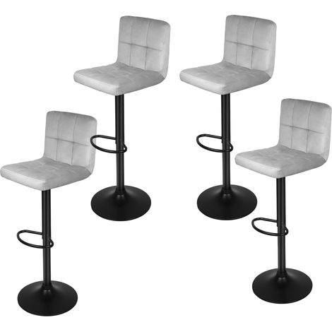 Lot de 4 Tabouret de Bar en velours et métal. Chaise de comptoir réglable en Hauteur et Rotatif. avec dossier-gris clair (1/5)