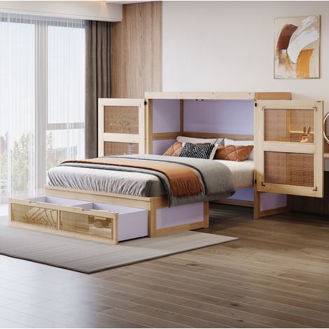 Cama abatible vertical 140 x 200 cm con somier y cajones, color madera (1/5)