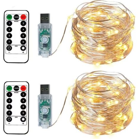 2 Guirlandes Lumineuses 100 LEDs 10 Mètres Fil d'argent Blanc Chaud,Prise USB avec Télécommande Lumière Etoilée pour Décoration Noël Soirée Mariage Fête (1/5)