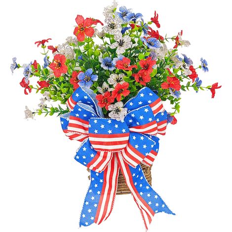 Gran cesta de flores y guirnalda patriótica para la decoración de la puerta en el Día de la Independencia, 4 de julio, rojo, azul y blanco, estilo americano. (1/5)