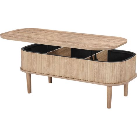 Ovaler Couchtisch mit Hubfunktion, 1000 mm, Mid-Century-Stil, 3 versteckte Fächer, Holzplatte, integrierter Stauraum, einfach zu montieren, helle Holzfarbe. (1/5)