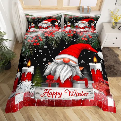 Housse de Couette Enfant 140x200 Noël Parure de Lit Décorations de Noël pour Garçon Fille, Sets de Housses de Couettes Père Noël GNOME, Couvre Lit Flocon de Neige Style Dessin Animé - 140x200cm + 1 Ta (1/5)