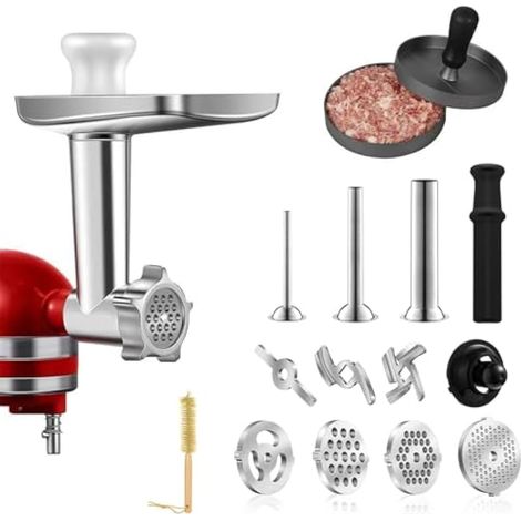 Accessoire Hachoirs à Viande, Kitchen Accessoires en Acier Inoxydable avec Disques de Hachage Tubes de Farce à Saucisses Machine à Hamburger pour Hacher la Viande Transformer les Fruits les Légumes (1/5)