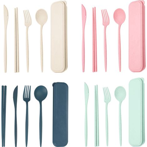 Couverts - Ensemble Réutilisable en Paille de Blé - Baguettes Cuillère Fourchette Couteau avec Étui de Voyage - 4 Pièces (1/5)