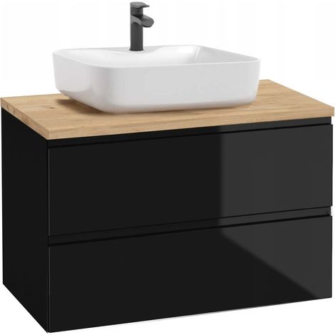Waschtischunterschrank – Hochglanzschwarz – 80 cm – Waschbeckenunterschrank – Modernes Design mit Eichenblatt