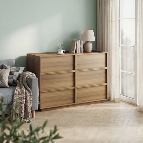 Commode 6 tiroirs, meuble de rangement en bois chêne, armoire moderne multifonction, coiffeuse élégante pour salon, chambre ou entrée, dimensions 115x48x78 cm. (1/5)