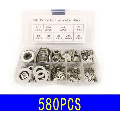 Rondelle Inox avec Boîte de Rangement (Lot de 580) - Assortiment de 9 Tailles M2, M2.5, M3, M4, M5, M6, M8, M10 & M12 - Lot de Rondelles Métal - Réparations, Usines & Décoration Intérieure (1/4)
