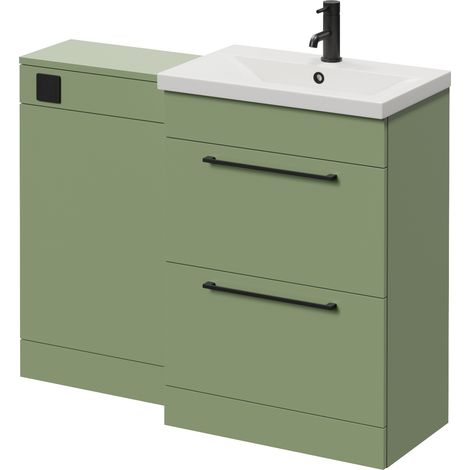 Napoli 390 Olive Green 1100mm 2 Drawer Vanity Unit Toilet Suite with Glide Basin - 1100mm - Matt Black 320mm HandleWithout Kingston Toilet Pan