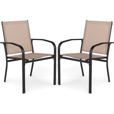 COSTWAY Garden Chairs Set of 2 Stackable Outdoor Dining Chairs w/Armrests-Brown (1/5)
