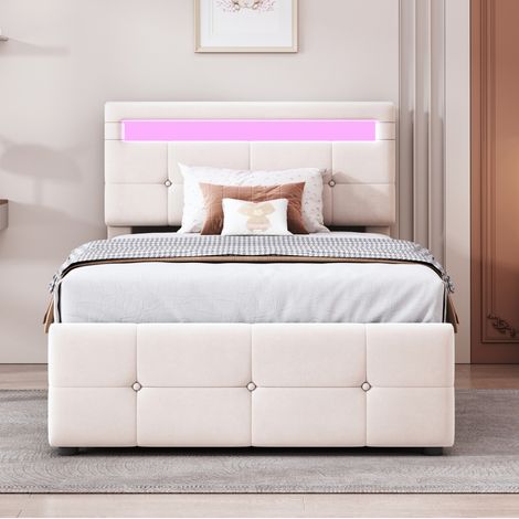Letto imbottito in velluto beige 90x200 cm con LED, contenitore idraulico e testiera regolabile (1/5)