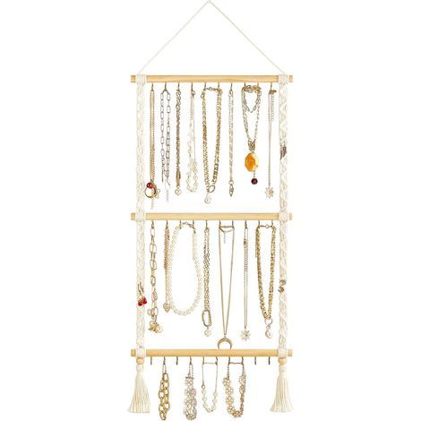 Support Bijoux Mural - 30 Crochets en Bois - Cordon en Coton Macramé - Pour Colliers Bracelets Boucles d'Oreilles - 86 x 33 cm - 1 Pièce (1/5)