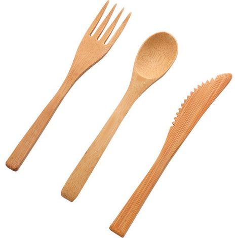 Ensemble de couverts de table 3 pièces - Réutilisable - Couverts portables pour la maison - Ustensiles en bois - Cuillère, baguettes, couteau - 16cm - Bois (1/5)