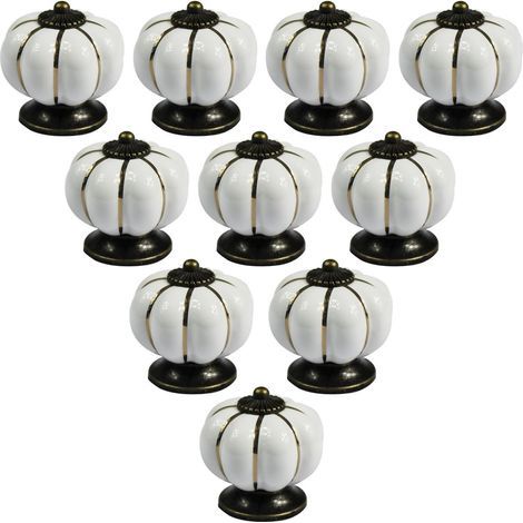 Lot de 10 boutons de meuble en céramique de style européen vintage et en forme de citrouille pour commode, armoires et tiroirs, Blanc (1/5)