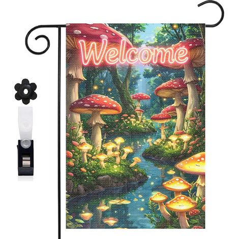 Drapeau de jardin 30 x 45 cm motif champignons forestiers et décor naturel toile double face extérieure (1/5)