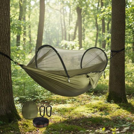 Hamac de camping ultra-léger Hamac en filet anti-moustiques Capacité de charge de 300 kg, nylon de parachute respirant à séchage rapide 2 mousquetons haut de gamme, 2 x élingues en nylon (1/5)
