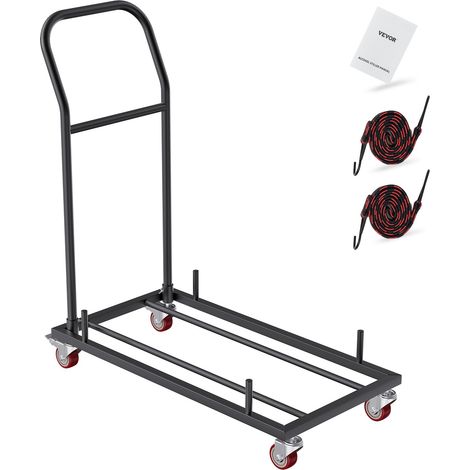 Chariot de chaise pliante, chariot commercial en fer capacité 12 chaises chariot à support chaises 4 roulettes, transport stockage de chaises empilables à plat en résine plastique et bois, noir (1/5)