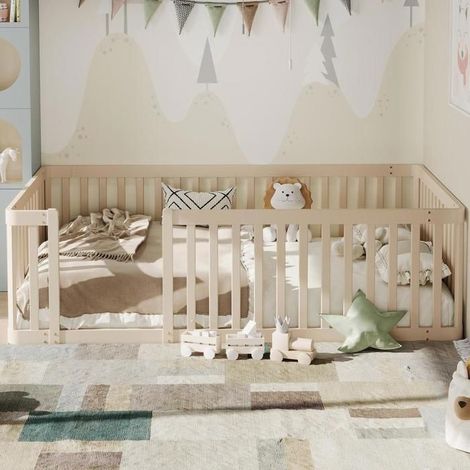 Lit plateforme bois 90 x 200 cm avec barrière de sécurité semi-fermée, lit enfant en pin massif, design minimaliste, crème (1/5)