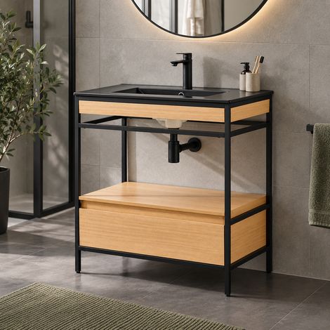 Stano. – Meuble salle de bain UNIK 80 cm – métal noir – vasque céramique noire avec trop-plein intégré – tiroir avec fermeture amortie (1/5)
