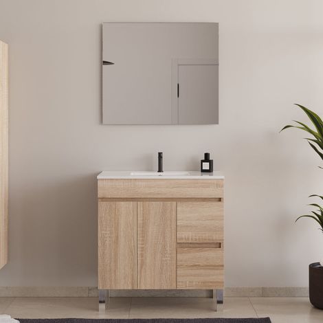 Meuble de salle de bain 70cm simple vasque avec portes et tiroirs - cambrian (chêne clair) - HARO (1/5)