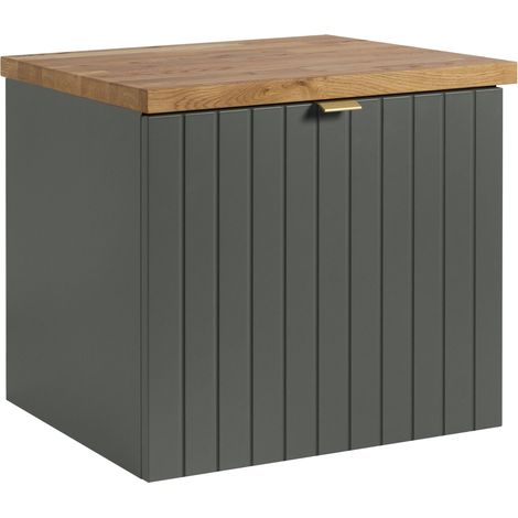 Meuble sous-vasque suspendu HARMO 50 cm avec plan en bois massif Façade rainurée vert semi-mat (1/5)