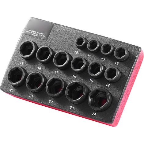 Jeu de douilles à choc 3/8", 15 pièces ultra-courtes, métrique 10-24mm, 6 pans en acier Cr-Mo, marquages lisibles, construction robuste, avec organiseur. (1/5)