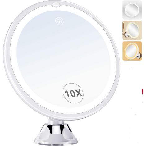 Miroir de maquillage à ventouse grossissant x10 avec 3 lumières LED, rotation à 360°, miroir éclairé pour salle de bain et voyage (1/5)