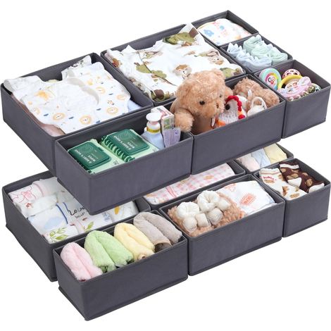 Lot de 14 Organisateurs de Tiroir, Boîtes de Rangement en Non-Tissé Pliables, pour Sous-Vêtements et Chaussettes, Compatible Commode Malm, Gris (1/5)