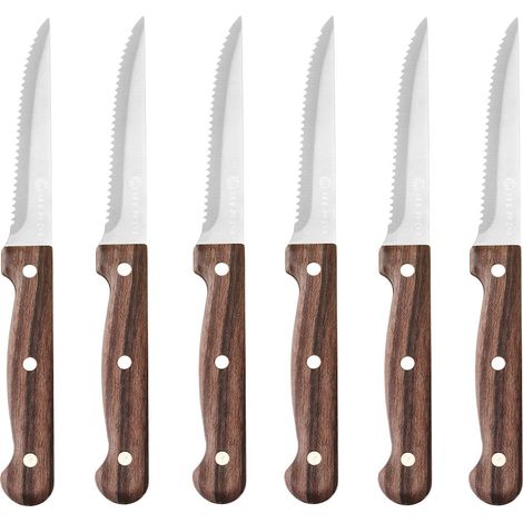 Cuchillo de acero inoxidable serrado para carne y filetes, color marrón - 6 unidades.