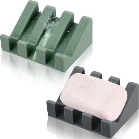 Silikon-Seifenschale mit Wasserablaufsystem, mehreren Düsen und Seifenschutz (dunkelgrau, hellgrün, 2er-Set)