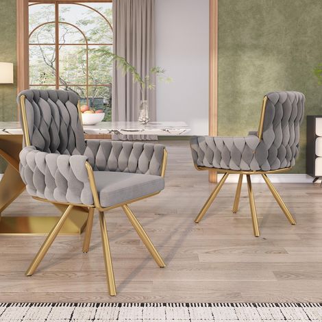Chaise de salle à manger en velours, lot de 2, fauteuil, chaise pivotante individuelle de luxe pour salon et chambre, chaise pivotante de loisirs avec quatre pieds de support en métal, gris