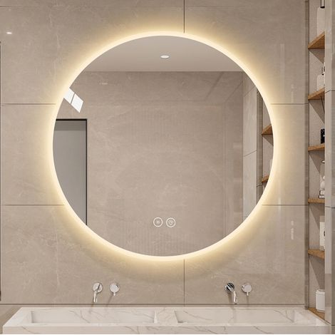 Espejo LED redondo de pared 80x80x3 cm en vidrio y metal plateado, antivaho, baño (1/5)