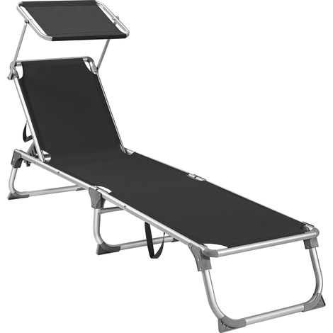 Bain de Soleil, Chaise Longue Pliable, Transat, 193 x 55 x 31 cm, Capacité de Charge 150 kg, avec Pare-Soleil et Dossier Inclinable, pour Jardin, Piscine, Terrasse, Noir GCB019B01