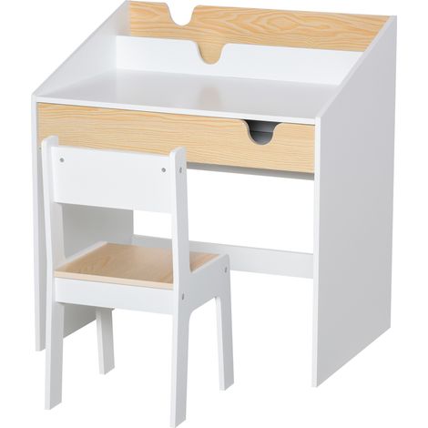 Set Scrivania e Sedia per Bambini con Cassetto e Scaffale in MDF Bianco e Legno