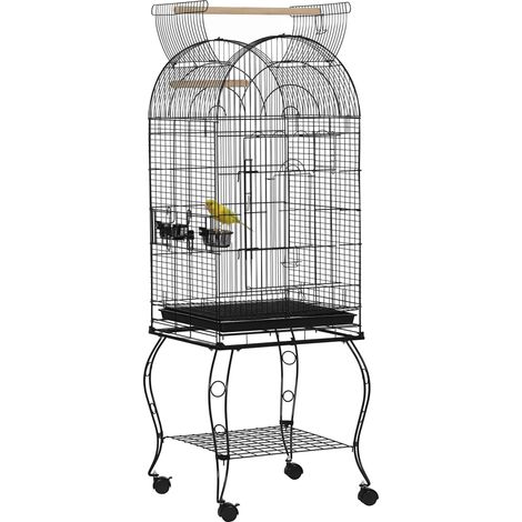 Cage à oiseaux avec support et roulettes, cage en acier avec plateau amovible et 2 mangeoires, 51 x 51 x 153 cm, noire (1/5)