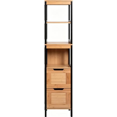 Colonne de salle de bain en bambou naturel avec 3 étagères et 2 tiroirs, rangement haut et compact (1/5)