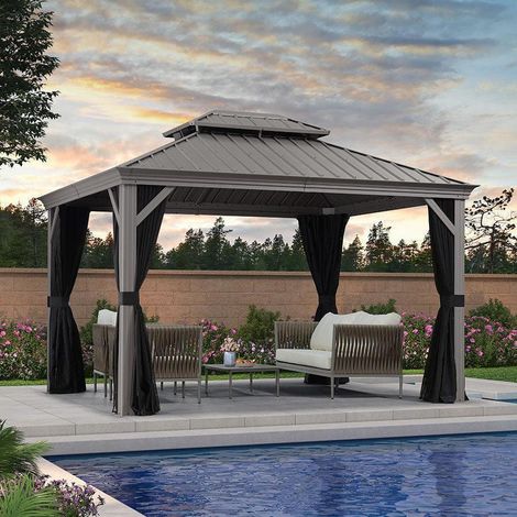 Purple Leaf – Tonnelle de jardin aluminium 3.65 x 3 m – Pergola avec moustiquaire et rideaux – Toit en acier galvanisé – Résistance au vent 40 m/s