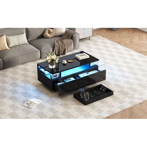 Table basse avec plateau 90 45 35,5 cm, table basse haute brillance pour salon, table basse avec 2 tiroirs, table d’appoint en verre trempé porteur, table basse avec lumière LED, noire (1/5)